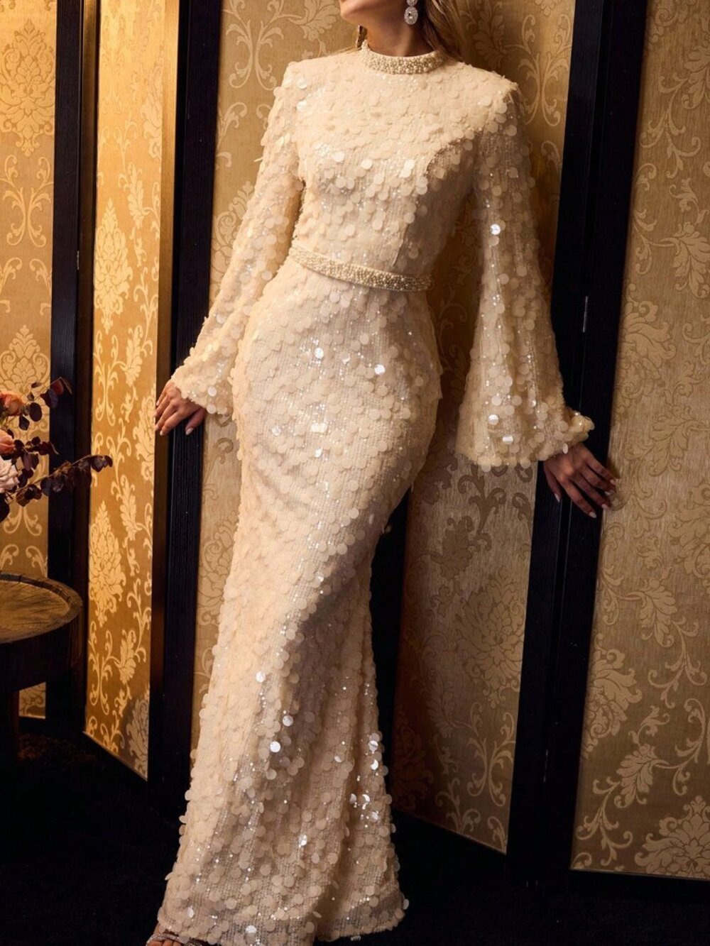 Apricot Elegant Women's Mock Neck Luxury Mermaid Formal Dress with Pearl Details - Picture 4 of 6